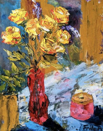 leuchtend gelbe Rosen in einer roten Vase von Ellen Frischbutter, Malerei kaufen auf Singulart