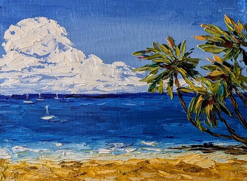 Meereslandschaft, Palmen und Sand di Ellen Frischbutter, Pittura in vendita su Singulart