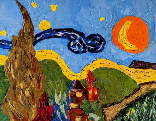 Freie Kopie von Van Goghs "Sternennacht" durch die Augen eines Kindes par Ellen Frischbutter, Peinture en vente sur Singulart