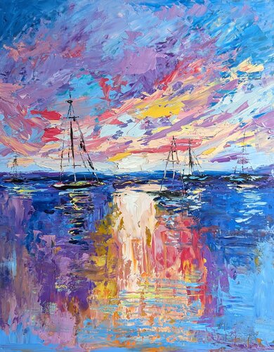Abstraktes Meer mit Yachten. Harmonie des Sonnenuntergangs par Ellen Frischbutter, Peinture en vente sur Singulart