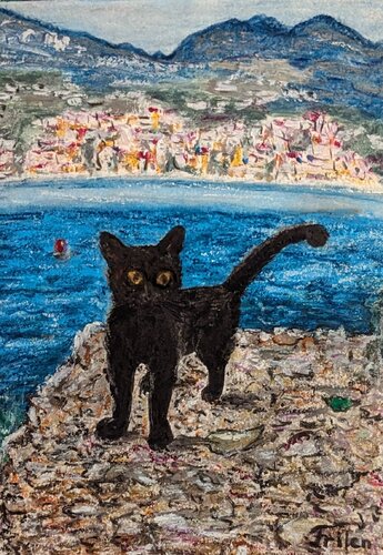 Eine schwarze Katze am Meer par Ellen Frischbutter, Peinture en vente sur Singulart