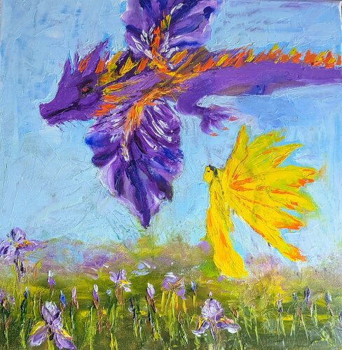 Syrener Drache über dem Irisfeld par Ellen Frischbutter, Peinture en vente sur Singulart