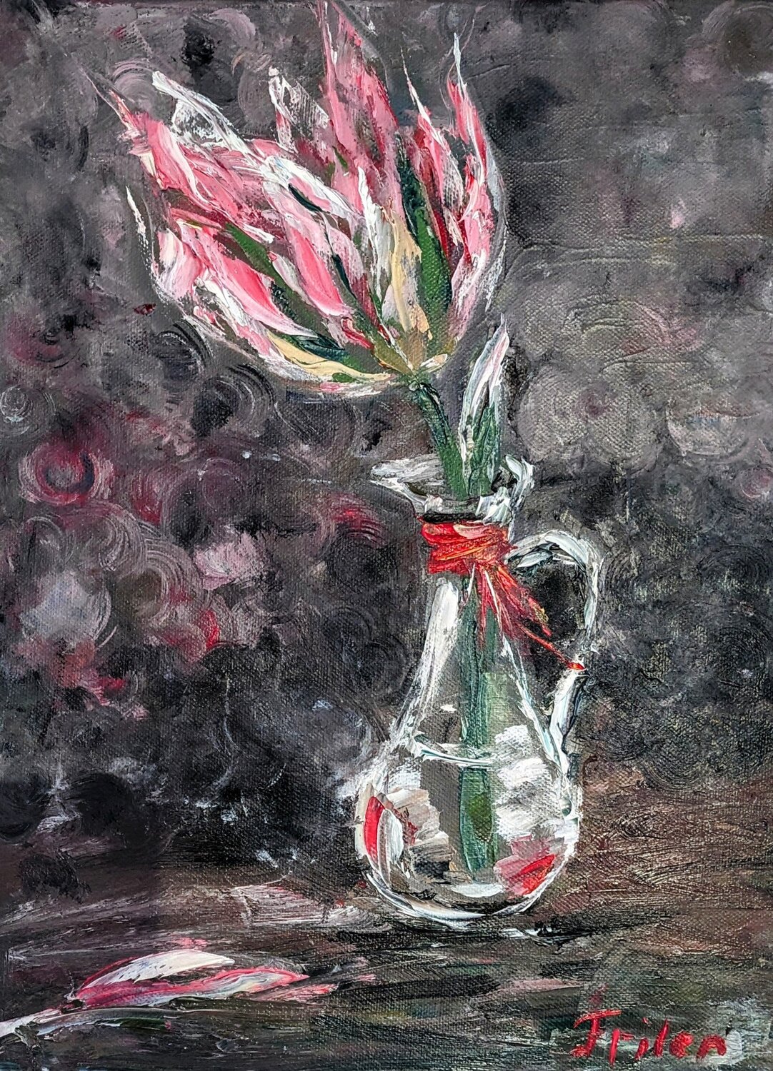 Elegantes Minimalistisches Rosa Tulpen Ellen Frischbutter Originalgemälde zu verkaufen