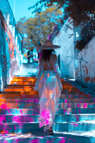 Woman ascending steps, Majorca van Charley Brindley, Digitaal te koop op Singulart