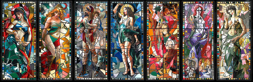 Stained-glass windows in the pagan church on the banks of the river Styx, built by the pilgrims from Aberkerzambia in the seventh century BCE. von Charley Brindley, Digital kaufen auf Singulart