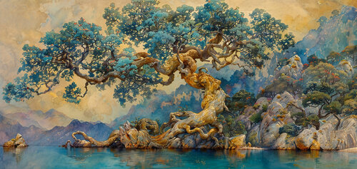 The blue leaf oak ascending from the Aegean Sea and onto the ancient shore of Greece during the Middle Ordovician period. von Charley Brindley, Digital kaufen auf Singulart
