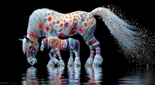 Mare and colt in cool water, in the style of pillow art di Charley Brindley, Digitale in vendita su Singulart