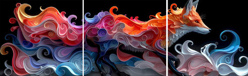 Three panel triptych of the vixen at night. She is a silent, deadly huntress. Stealthy and quick—the lady fox has 3 hungry kits waiting in the den for her return. Each of the 3 panels measure 34 inches high by 36 inches wide Charley Brindley