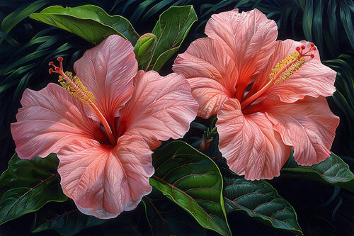 Two hibiscus flowers catching the first rays of the morning sunrise di Charley Brindley, Digitale in vendita su Singulart