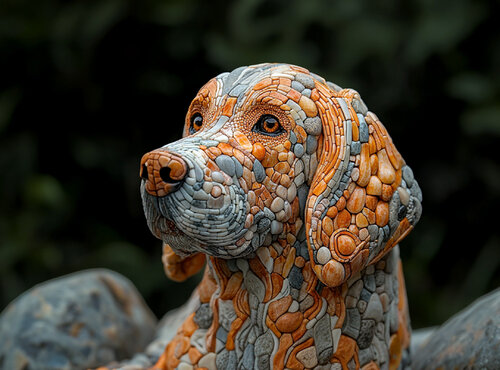 A portrait of a golden retriever made of smooth river pebbles van Charley Brindley, Digitaal te koop op Singulart