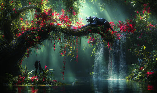 Deep in the jungle, a black jaguar gathers his strength in his powerful limbs and prepares to leap upon his prey di Charley Brindley, Digitale in vendita su Singulart