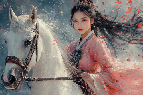Japanese Princess Kishi on her stallion, Silver Racer.  She was a Waka poet born in 929, during the middle Heian period. Before she became consort to Emperor Murakami, she served as Ise Priestess by Charley Brindley, Digital for Sale on Singulart