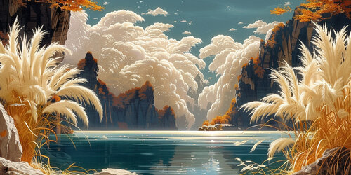 In Japan, susuki pampas grass with its long graceful feathery flowers, decorates the banks of Lake Motosuko, the westernmost of the Fuji Five Lakes, while towering clouds imitate the windblown shape of the susuki grass de Charley Brindley, Digital a la venta en Singulart