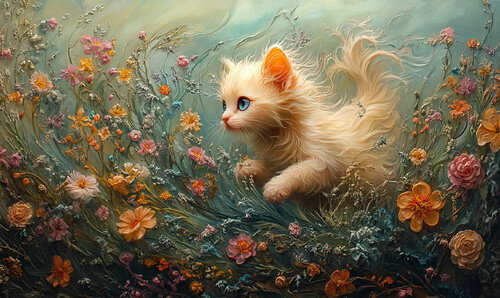 Cream-colored Himalayan kitten running through a sea of wild flowers de Charley Brindley, Digital a la venta en Singulart