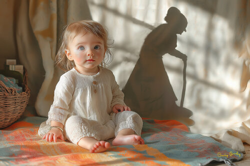 A baby girl, wide-eyed and innocent, casts a shadow of herself in old age par Charley Brindley, Digital en vente sur Singulart
