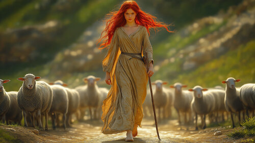 The shepherdess of Inverness. In the spring of 1865, Davina Ailith Stewart leads her flock to the highlands south of Inverness Scotland, toward the meadows above Loch Ness by Charley Brindley, Digital for Sale on Singulart