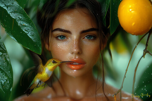 Golden hummingbirds from the Peruvian Andes are attracted to flowers by their color. Orange seems to be a favorite de Charley Brindley, Digital a la venta en Singulart