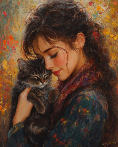 Childless Cat Lady Emily hopes to someday have children of her own, but for now she is happy with her companion and best friend, Siskit. by Charley Brindley, Digital for Sale on Singulart