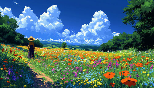 Ms Cuddlestone, now in her eighties and needing two canes to keep her balance, loves a walk in the spring fields of wildflowers by Charley Brindley, Digital for Sale on Singulart