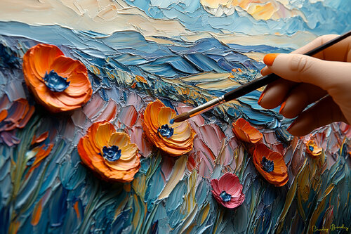 The artist puts the final touches on her impressionist painting of poppies on a alpine hillside di Charley Brindley, Digitale in vendita su Singulart