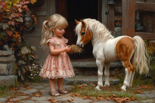 Anneliese feeds a handful of hay to her pony, Liselotte. They live on a farm in Southern Bavaria, Germany, near the famous Neuschwanstein Castle van Charley Brindley, Digitaal te koop op Singulart