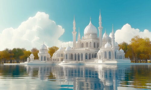 The Darussalam mosque is made entirely of dazzling Marmara white marble from Turkey. It is located on the waters of Song-Kul, an alpine like in the northern Naryn Region of Kyrgyzstan by Charley Brindley, Digital for Sale on Singulart