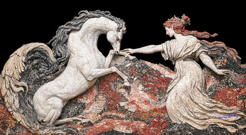 In Greek mythology, Medusa, a gorgon with poisonous snakes for hair, was beheaded by Perseus. The winged horse Pegasus was born from the spilled blood of Medusa. The goddess Artemis tamed the wild Pegasus with just a touch of her hand. di Charley Brindley, Digitale in vendita su Singulart