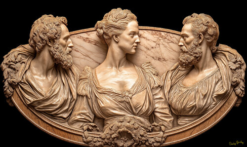 Two of Queen Elizabeth I’s suitors; Robert Dudley, on her left, Earl of Leicester, whom she made Master of the Horse, and Lord Thomas Seymour, the husband of her stepmother, Katherine Parr. Elizabeth insisted for all her life that she was a virgin. She di van Charley Brindley, Digitaal te koop op Singulart