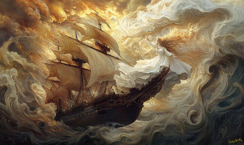 In Greek mythology, Amphitrite is the goddess of the sea and the wife of Poseidon. In this scene she guides the HMS Resolution around the Cape of Storms in 1671. The Resolution was a 70-gun ship of the line of the Royal Navy, launched at Harwich Dockyard  di Charley Brindley, Digitale in vendita su Singulart