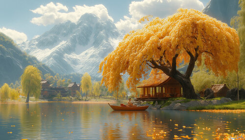 A small settlement of the Ainu people living on Hakuchō no mizūmi (Swan Lake) in the Hida Mountains, sometimes called the Japanese Alps. The Ainu subsist on biwa trout and small game from the surrounding forest van Charley Brindley, Digitaal te koop op Singulart