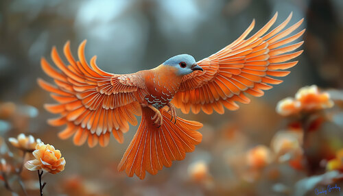 A male flame tanager comes in for a landing on a rose bush in western Sonora, Mexico by Charley Brindley, Digital for Sale on Singulart