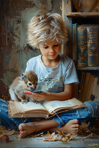 Billy Don reads “A Tale of Two Cities” while Pippin reads “Curious George and the Puppies” van Charley Brindley, Digitaal te koop op Singulart