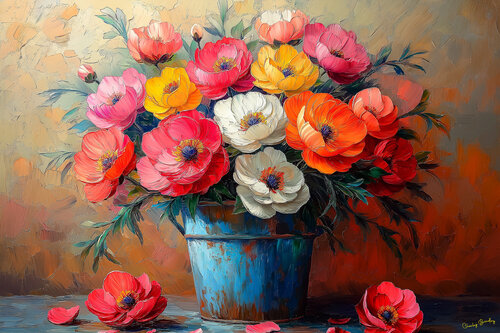Bouquet of fresh peonies in a rusty old bucket de Charley Brindley, Digital a la venta en Singulart
