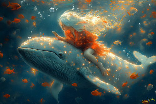 In the constellation cete gerit puella, near the Southern Cross in the night sky, Aurélie checks her messages while Echo Bravo gives her a ride to her undersea hideaway de Charley Brindley, Digital a la venta en Singulart