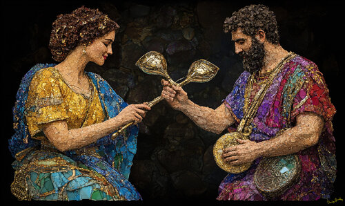 After 2,000 years buried under 3 meters of volcanic ash, this husband and wife are still making beautiful music in their lovely mosaic fresco van Charley Brindley, Digitaal te koop op Singulart