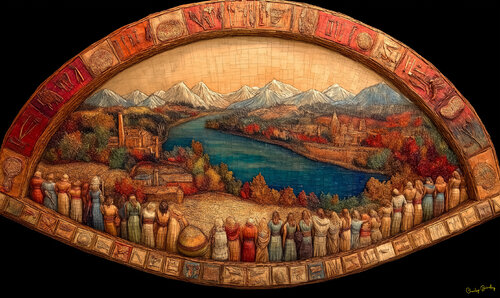 A gathering on the banks of the Danube River in medieval Budapest in April 1265 CE to celebrate the coming of spring de Charley Brindley, Digital a la venta en Singulart