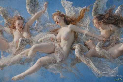 The birth of Venus, accompanied by Hestia, goddess of the hearth, Athena goddess of war, and Persephone, queen of the underworld von Charley Brindley, Digital kaufen auf Singulart