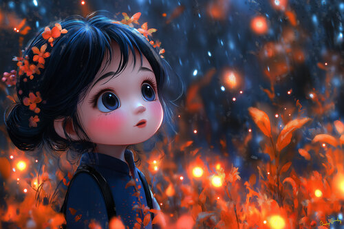 Night time, forest, rain, fireflies, little girl lost by Charley Brindley, Digital for Sale on Singulart