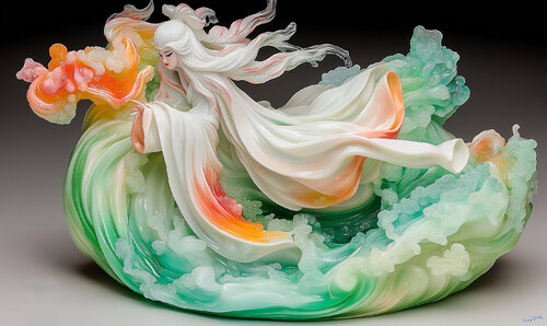 Benzaiten, Japanese goddess of water and music. She is carved from jade, ivory, and carnelian von Charley Brindley, Digital kaufen auf Singulart