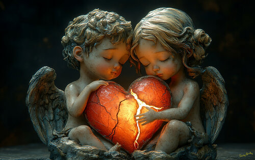 Two cherubs, Abadon and Gabriella, mend a broken heart van Charley Brindley, Digitaal te koop op Singulart