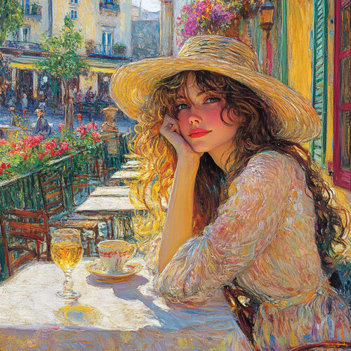 A sunny afternoon, Champs-Élysées café, and Suzanne van Charley Brindley, Digitaal te koop op Singulart