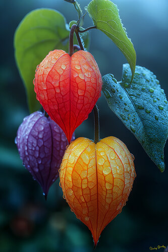 The Peruvian groundcherry, part of the poisonous nightshade family, blooms in the morning mist and temps the unwary to taste its sinister beauty von Charley Brindley, Digital kaufen auf Singulart