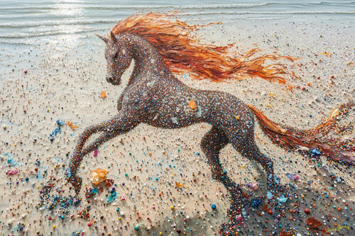 A young filly frolics on Copacabana Beach at Rio de Janeiro van Charley Brindley, Digitaal te koop op Singulart