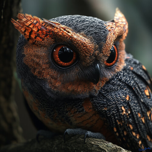 Genus: Bubo (owls), Species: Bubo Seraphina. This tiny reclusive owl is found only in the upper reaches of the Rio Madre de Dios in the Amazon. Seraphina is of Hebrew origin meaning “fiery one” or “burning one”. van Charley Brindley, Digitaal te koop op Singulart