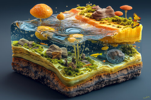 Cross-section of a mountain stream showing geology, hydrology, aquatic life and terrestrial vegetation von Charley Brindley, Digital kaufen auf Singulart