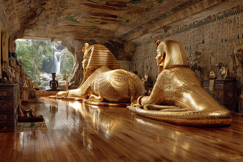 Two solid gold sphinxes from the Fourth Dynasty of the Old Kingdom in ancient Egypt van Charley Brindley, Digitaal te koop op Singulart