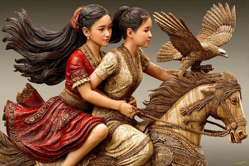 Early 16th century. Princesses Diwa and Hiraya, daughters of Rajah Humabon, ruler of Cebu in what is now the Philippines. Flying with them is Ibong Adarna, the legendary magical bird di Charley Brindley, Digitale in vendita su Singulart