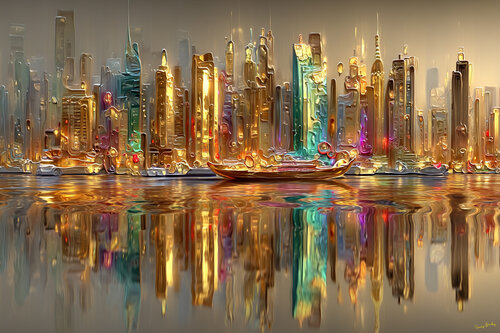 Dawn, Manhattan, view from the Hudson River. Metallic oil painting von Charley Brindley, Digital kaufen auf Singulart