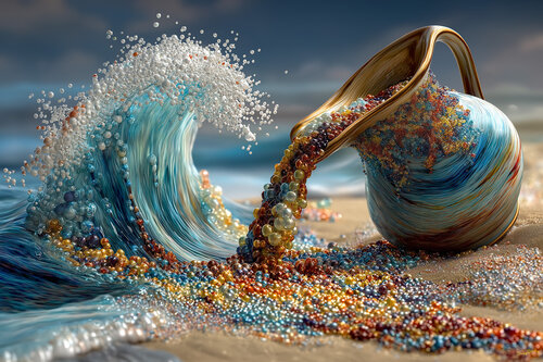 Ten thousand color beads spilled on the surf to appease the angry sea van Charley Brindley, Digitaal te koop op Singulart