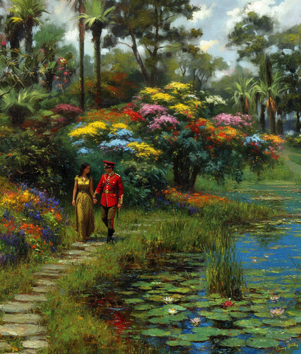 1876. During the British Raj, a soldier walks with his Indian lady in Eden Gardens at Calcutta, now known as Kolkata, India by Charley Brindley, Digital for Sale on Singulart